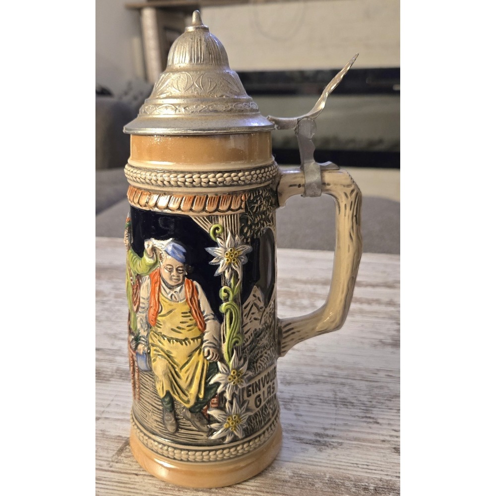 Vintage Gerzit Beer Stein Lidded Ceramic German Tavern Scene Edelweiss 1980s